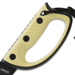 The desert tan, rubberized injection-molded handle provides secure grip and is in the saber style