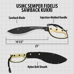 Diagram of USMC Semper Fidelis sawback kukri with dimensions