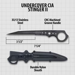 3 1/2" 3Cr13 stainless steel non-reflective blade with a straight-edged penetrating point with a handle featuring several grooves, thru-holes, and a large open-ring pommel.