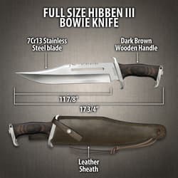 Hibben III Bowie Knife 11 7/8” blade made of 6mm thick 7Cr13 stainless steel with a 2-direction satin finish and mirror-polished top grind.