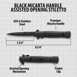 Diagram of black stiletto knife with measurements and features