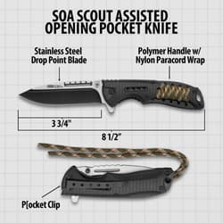 SOA Scout Assisted Opening Pocket Knife - Black with Camo Paracord Wrapping