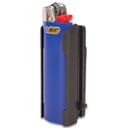 Blue "BIC" lighter partially enclosed in a matte black aluminum caddy containing a pocket knife.