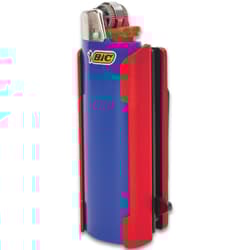 Blue "BIC" lighter partially enclosed in a matte black aluminum caddy containing a pocket knife.