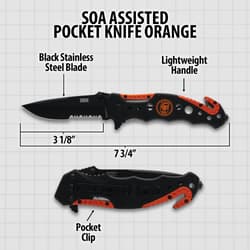 Diagram of black and orange pocket knife with dimensions