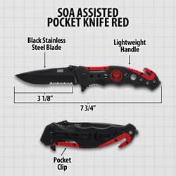 Diagram of black and red pocket knife with dimensions