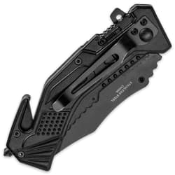 Closed matte black pocket knife with clip, seat belt cutter, glass breaker, and tactical style decorative molding.