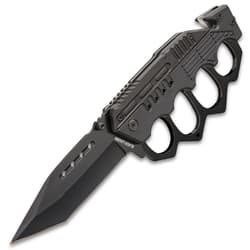 Black Folding Knuckle Knife - Stainless Steel Blade, ABS Handle, Seatbelt Cutter, Glass Breaker - Closed Length 5 1/4”