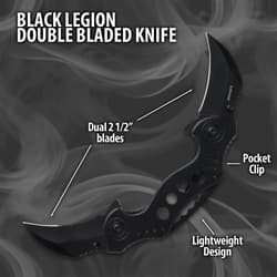 Black Legion double-bladed knife with labels on smoky background