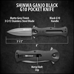 Shinwa Ganjo Black G10 Pocket Knife - 3Cr13 Stainless Steel Blade, Black G10 Handle Scales, Ball Bearing, Pocket Clip