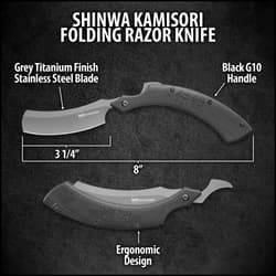 Shinwa Kamisori Folding Razor Knife - Stainless Steel Blade, Grey Titanium Finish, G10 Handle Scales - 6” Closed