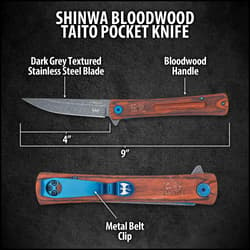 Closed pocket-knife with a bloodwood handle with japanese inscriptions and metallic blue accents including a pocket clip with a dragon carving on a white background.