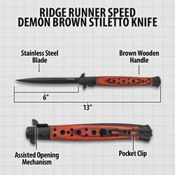 Diagram of Ridge Runner Speed Demon stiletto knife showing blade length, handle, and pocket clip