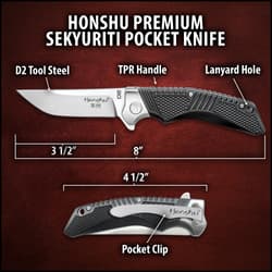 Honshu Premium Sekyuriti Ball Bearing Opening Pocket Knife - D2 Tool Steel Blade, TPU Handle Scales, Steel Pocket Clip