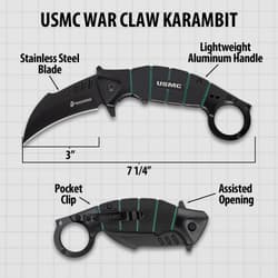 USMC War Claw Karambit with stainless steel blade and aluminum handle