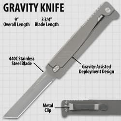 Gravity knife with labeled features on grid background