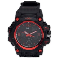 This black and red, digital watch has loads of features including 12/24 hour time, auto calendar, alarms and count down