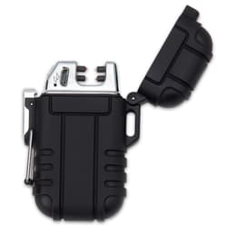 The 2 3/4”x 2” lighter is powered by a USB-rechargeable lithium-ion battery and the USB cord is included