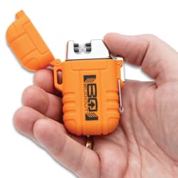 Hand holding an orange electric lighter