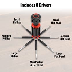 Text reads “Includes 8 Drivers” above an image of the Innov8 8-In-1 Screwdriver Flashlight with all eight of the attachments labeled.