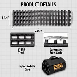 The BugOut Roll-Up Traction Tracks Product Details are shown, showing the tracks are 32” long and 8 1/2" wide with 1” thick track links and galvanized steel cable.