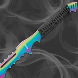 Black Legion Atlantis Fantasy Sword With Sheath - One-Piece Stainless Steel Construction, Rainbow Titanium Coating, Black Cord-Wrap - Length 28”