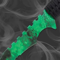 The fantasy sword is a solid, one-piece stainless steel construction with a green and black fade wrap-around graphic