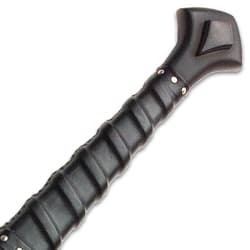 Zoomed view of the genuine leather wrapped wooden sword handle with silver pieces at the base and top of the grip