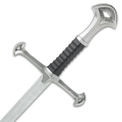 Close up view of pewter look metal alloy crossed shaped handle on the short broadsword