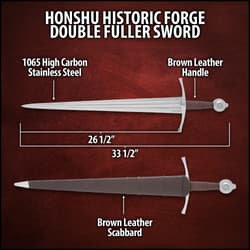 Detailed view of the piercing point of the Double Fuller Sword’s 1065 carbon steel blade.