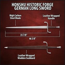 Zoomed view of the point of the 1065 carbon steel blade of the Honshu Historic Forge German Long Sword.