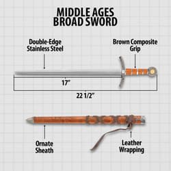 Middle Ages Medieval Broad Sword And Matching Faux Brown Wood Scabbard With Faux Leather Wrapping - 17" stainless steel blade