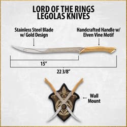 Diagram of Legolas knives with measurements and wall mount