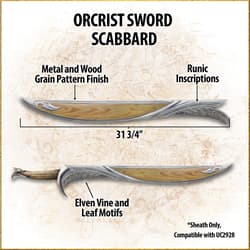 Diagram of Orcrist sword scabbard with measurements and motifs