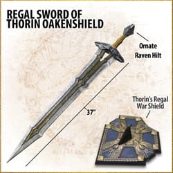 Sword labeled 'Regal Sword of Thorin Oakenshield' with shield