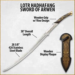 Diagram of Arwen's sword with specifications and plaque