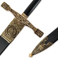 The scabbard has polished metal accents, including an “Excalibur King Arthur” seal.