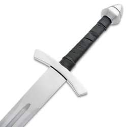 The downward angled crossguard is heavy-duty stainless steel