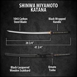 The wooden handle is wrapped in genuine rayskin and black cord and the tsuba is in the Miyamoto Musashi design