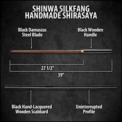 Shinwa SilkFang Handmade Shirasaya / Samurai Sword - Double-Edged Blade; Exclusive, Hand Forged Black Damascus Steel; Hand Lacquered Hardwood - Sleek Ninja Stealth, Functional, Battle Ready, Full Tang