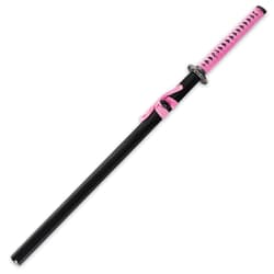 The black scabbard is wrapped with a bright pink hanging cord that matches the pink cord of the handle.