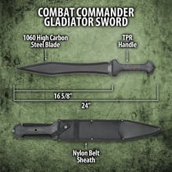 Closeup of a gloved hand holding the Combat Commander gladiator sword with “Combat Commander” on the blade.