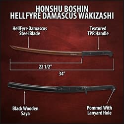 Honshu Boshin HellFyre Damascus Handmade Wakizashi Sword - Hand Forged HellFyre Damascus Steel, Exclusive Metallurgical Process - Full Tang, Modern Tactical - TPR Grip, Wooden Saya - 34"