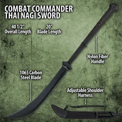 A person dressed in tactical gear is shown holding the sword with curved hard coated blade.