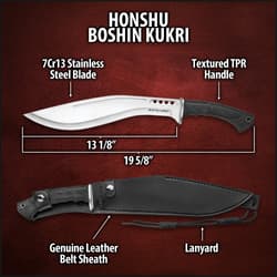 Honshu Boshin Kukri with Genuine Leather Belt Sheath - Full Tang 19 5/8" Gurkha Machete Fixed Blade - 7Cr13 Stainless Steel - Blood Groove, Cut-Outs - Textured, Molded TPR Handle - Lanyard Hole