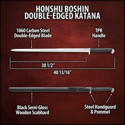 Honshu Boshin Double Edge Sword With Scabbard - 1060 Carbon Steel Blade, TPR Textured Handle, Stainless Guard And Pommel - Length 40 13/16”