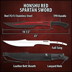 The Honshu Red Spartan Sword has a two-tone red and black stainless steel blade