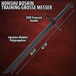 The 42 1/8” overall, black practice sword has a 30 3/4” blade