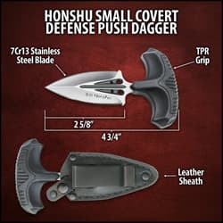 Honshu Small Covert Defense Push Dagger And Sheath - 7Cr13 Stainless Steel Blade, Molded TPR Handle - Length 4 3/4”