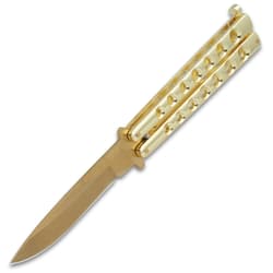 Gold Gyro Butterfly Knife - Stainless Steel Blade, Skeletonized Handle, Latch Lock, Steel Handle, Double Flippers - Length 9”